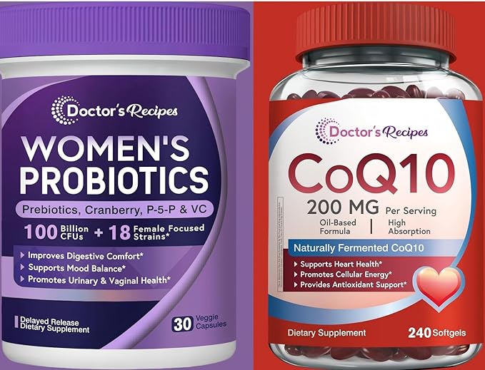 Doctor's Recipes CoQ10 200mg 240 Softgels &amp Women's Probiotics 100B 30 Vegan Capsules Heart &amp Vascular Health Vaginal &amp Urinary Tract Digestive Health