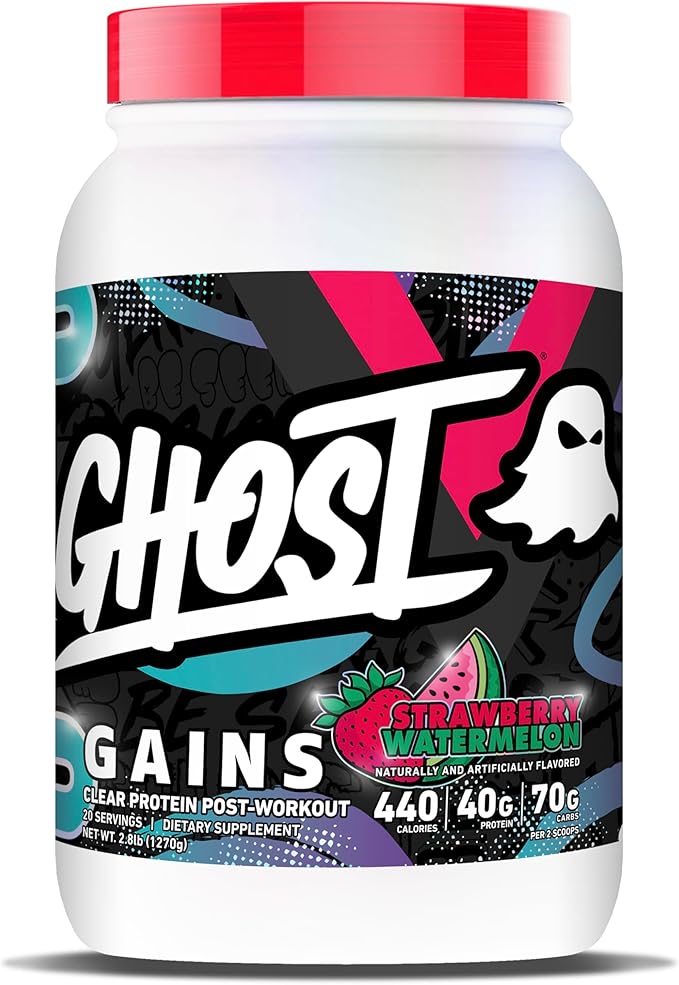 GHOST Clear Gains Mass Gainer Protein Powder - Post-Workout Weight Gainer Mix - 40g of Whey Protein Isolate 440 Calories &amp 70g Vitargo Carbs - Lean Muscle Building &amp Recovery - Strawberry Wat