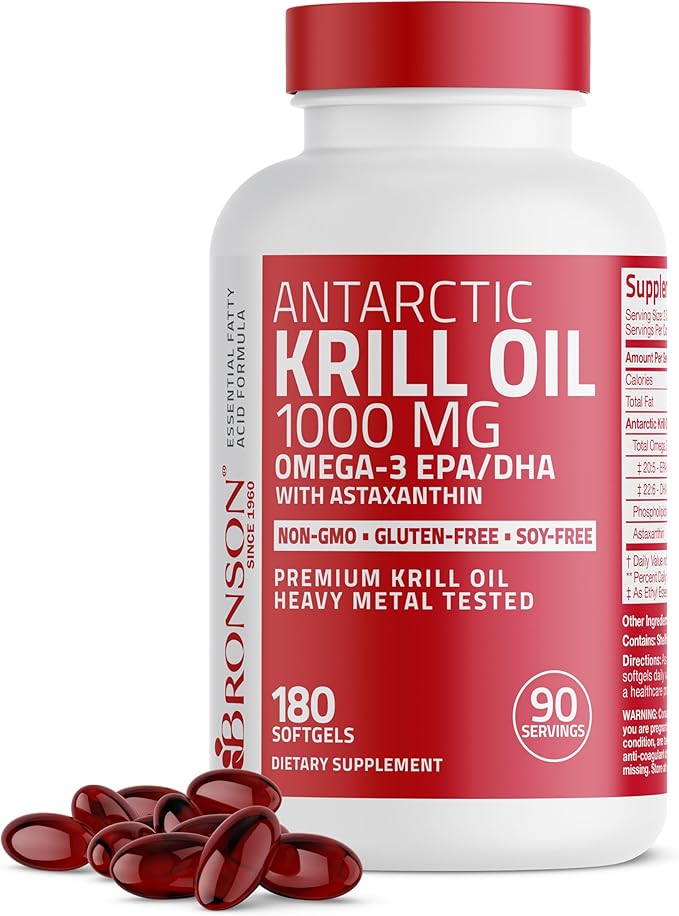 Bronson Antarctic Krill Oil 1000 mg with Omega-3s EPA DHA Astaxanthin and Phospholipids 180 Softgels