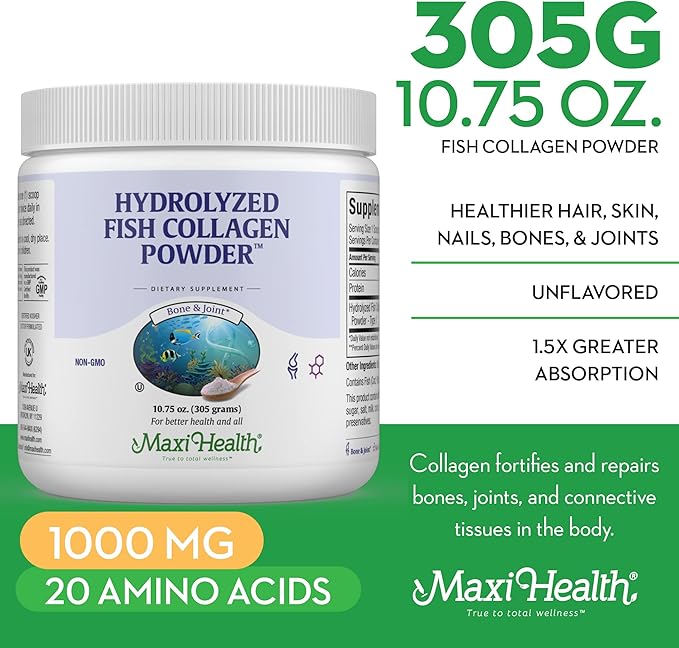 Maxi Health Collagen Peptides Powder – Type I Unflavored Marine Powder Collagen for Women &amp Men - Wild-Caught Protein Supplement for Joints Skin Hair &amp NailNails (10.75 oz)