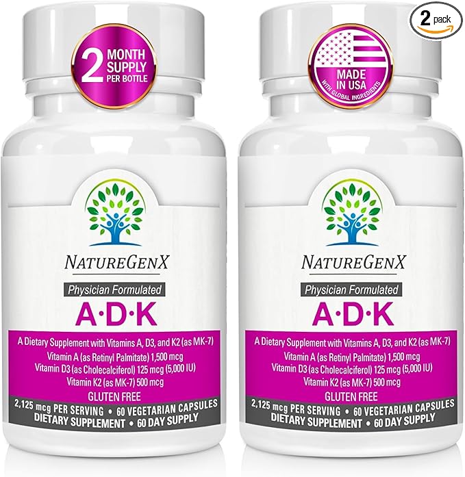 ADK Vitamin Supplement - Enhanced Bone Health with High Potency Vitamins A D3 K2 Gluten-Free 60 Capsules (Pack of 2)