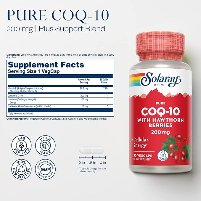 SOLARAY Pure CoQ-10 200 mg | Healthy Heart Function &amp Cellular Energy Support | Enhanced with Herb Blend | 30 VegCaps
