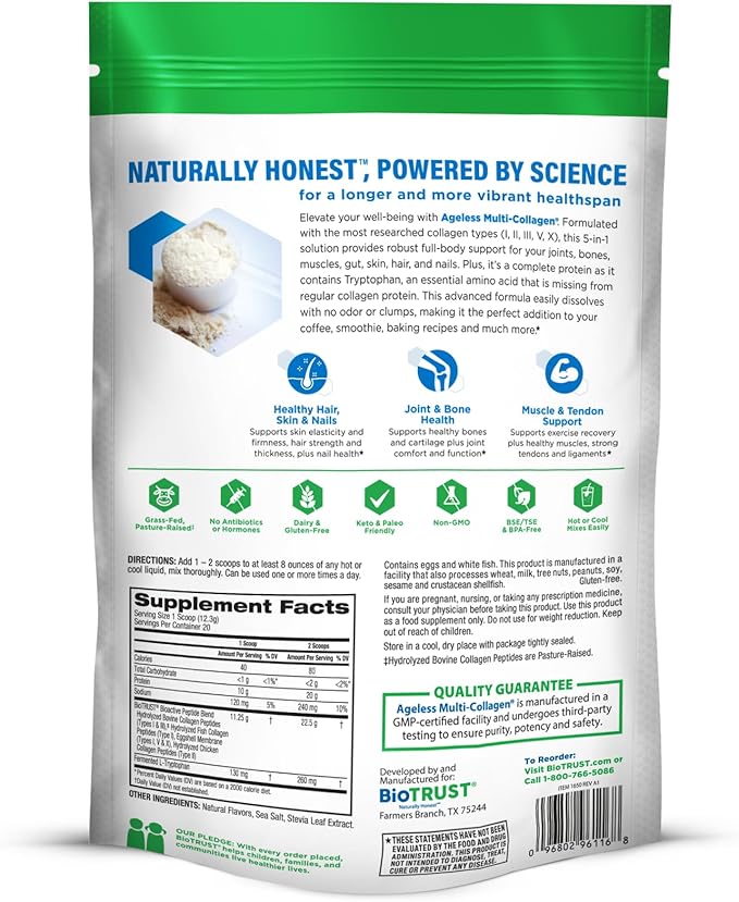 BioTrust Ageless Multi Collagen Peptides Powder – 5 Types (I II III V X) – Vanilla Collagen Powder for Women &amp Men – Hydrolyzed Protein – Grass Fed Beef Fish Chicken Eggshell Membrane