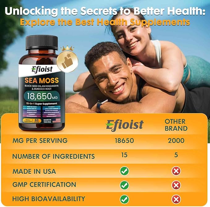 Sea Moss 6000mg Black Seed Oil 4000mg Ashwagandha 2000mg &amp Burdock Root/Turmeric/Bladderwrack 18650mg Sea Moss Supplement Seamoss Black Seed Oil Ashwagandha Ginger 120 Count