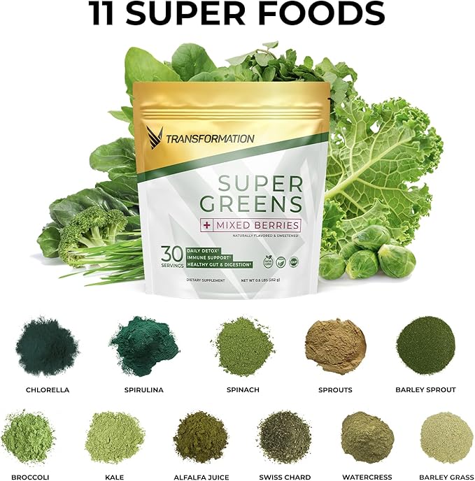 Transformation Chocolate Premium Protein Powder + Super Greens Immune Boosting Combo Pack- Energy Gut Health Detox &amp Diet Support- 30g Multi-Protein Superblend &amp 1 Full Serving Vitamins &amp