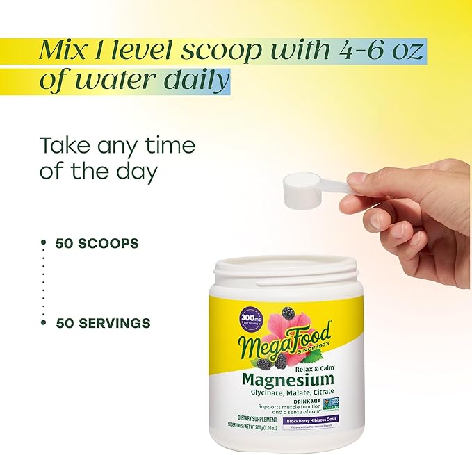 MegaFood Relax + Calm Magnesium Powder - Highly Absorbable Magnesium Glycinate Citrate &amp Malate - Without 9 Food Allergens - BlackBerry Hibiscus Oasis - 7.05 Oz (50 Servings)