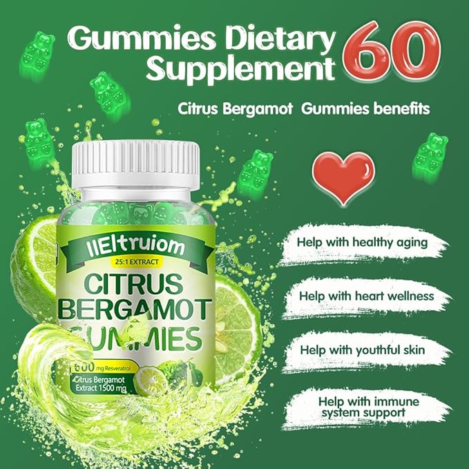 Citrus Bergamot 1500mg Citrus Bergamot Gummies for Healthy Cholesterol Bergamot Supplements 25:1 Extract from Italy Bergamot Resveratrol &amp Niacin - Gluten Free 120 Count