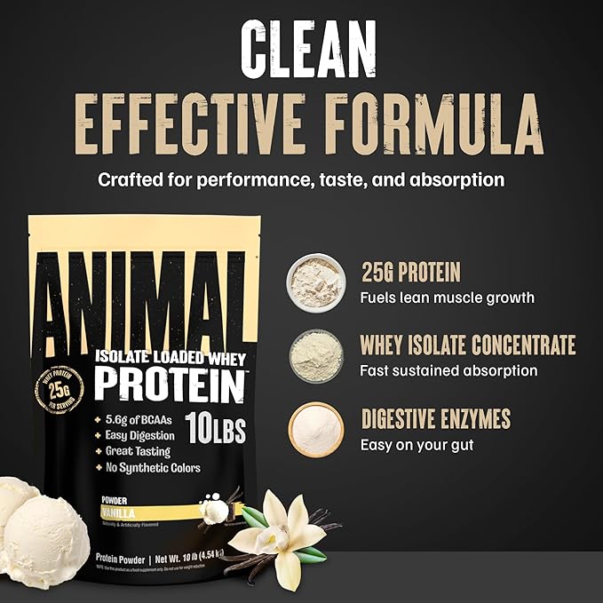 Animal Whey Isolate Protein Powder - Loaded for Pre &amp Post Workout Muscle Builder and Recovery with Digestive Enzymes for Men &amp Women - 25g Protein Great Taste Low Sugar - Vanilla 10 lbs