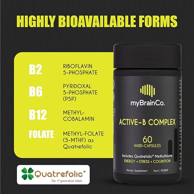 myBrainCo. Active-B Complex – High Strength Activated B Vitamin Supplement with B2 B6 B12 &amp Methyl Folate – Supports Energy Brain Function &amp Nervous System – 60 Vege-Capsules