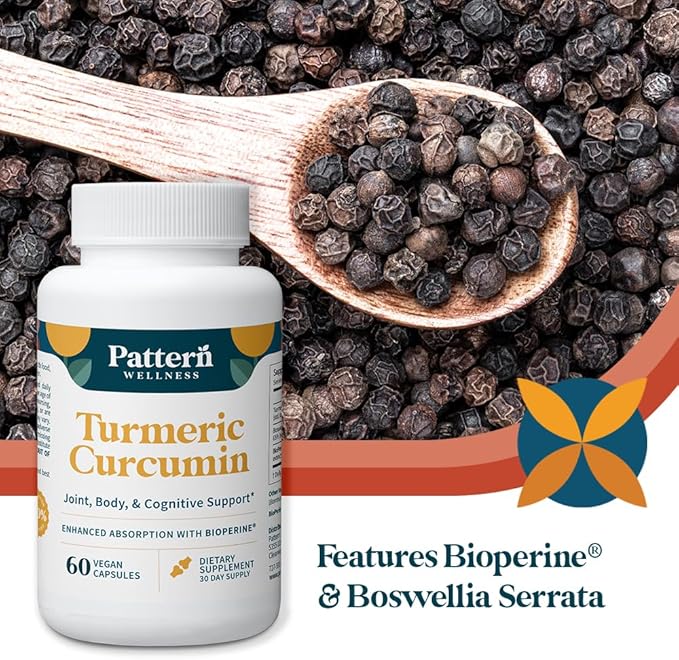Pattern Wellness Turmeric Curcumin – 95% Curcuminoids with BioPerine® Black Pepper – Supports Joint Cognitive &amp Immune Health – Non-GMO Gluten Free – 60 Capsules
