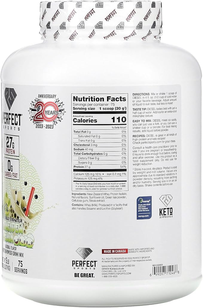 PERFECT SPORTS Diesel 100% New Zealand Whey Protein Isolate | Stevia Sweetened No Artificial Ingredients Keto | 0g Carb 0g Fat 26g Protein | 5 Pounds (Honeydew Melon Bubble Milk Tea)