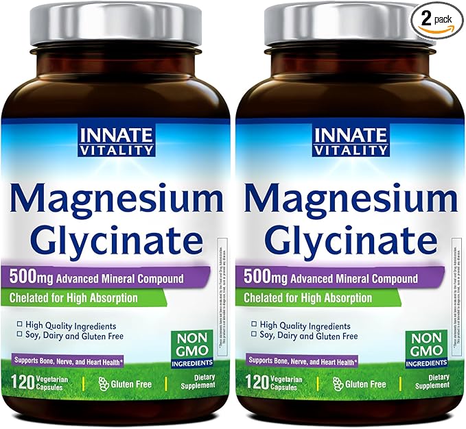 Innate Vitality Magnesium Glycinate 500mg | 70mg Elemental Magnesium Supplement - High Absorption Non Buffered Non-GMO &amp No Gluten - Vegan - Nerve Health - 120 Capsules (Pack of 2)