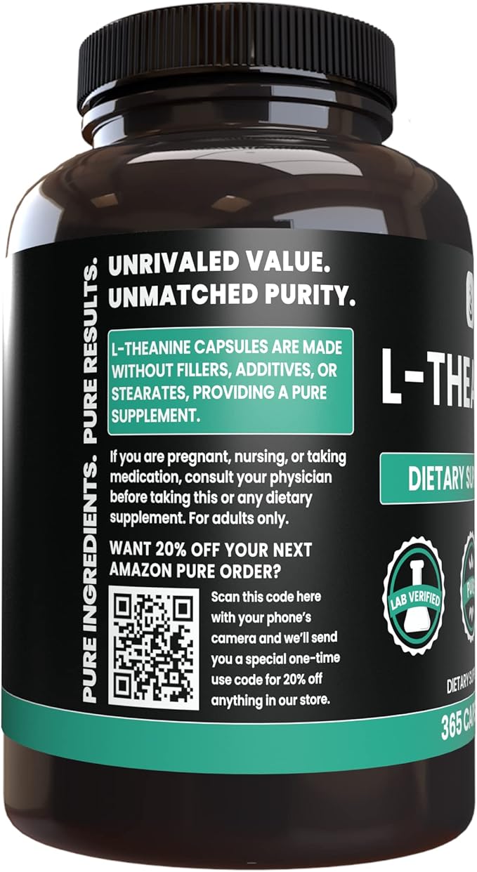 PURE ORIGINAL INGREDIENTS L-Theanine (365 Capsules) Amino Acid No Magnesium or Rice Filler Lab Verified