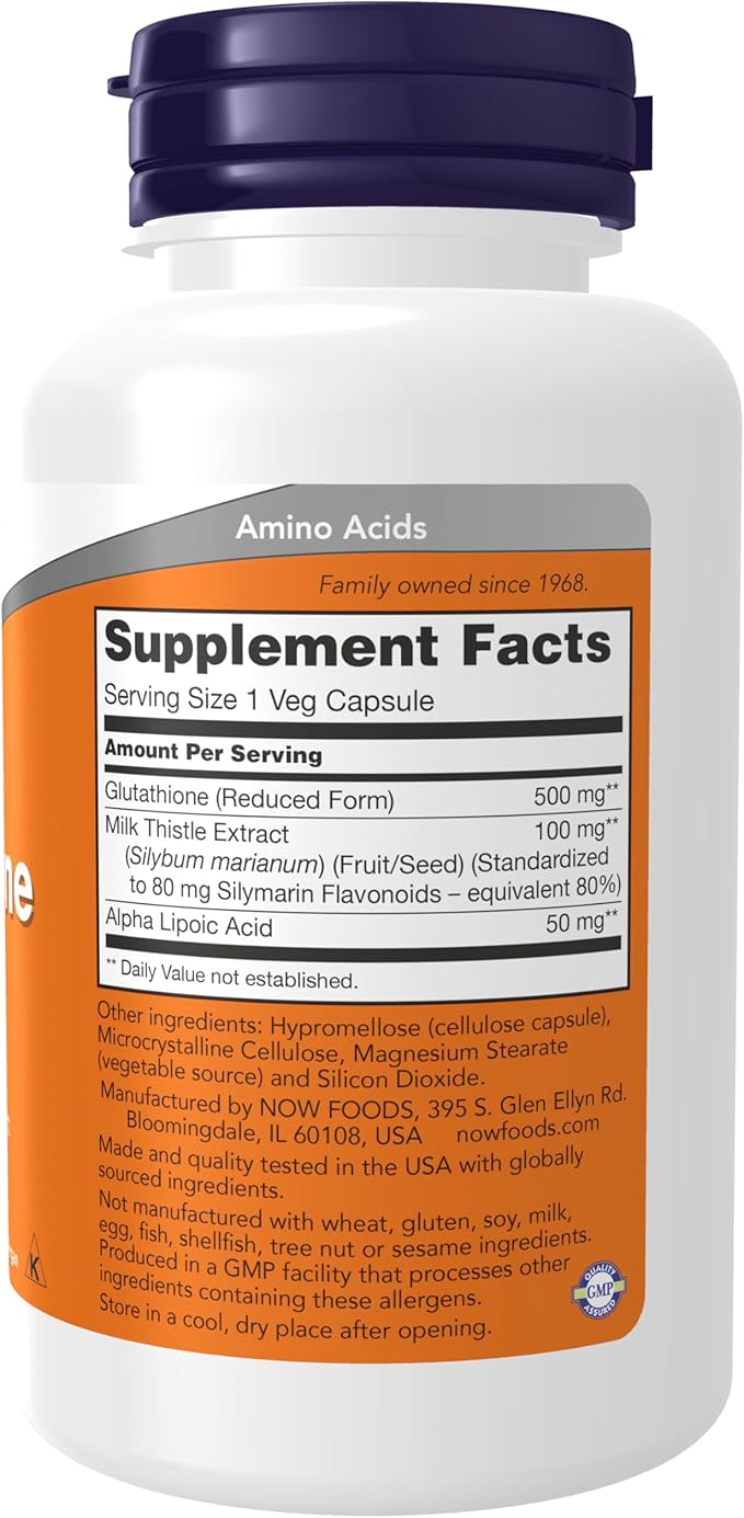 NOW Foods Supplements Glutathione 500 mg With Milk Thistle Extract &amp Alpha Lipoic Acid Free Radical Neutralizer* 60 Veg Capsules