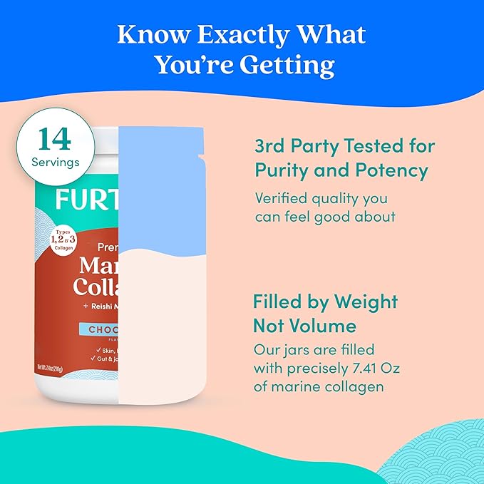Further Food Chocolate Marine Collagen Peptides Powder with Reishi Mushroom Wild-Caught Sustainably Sourced Fish Hydrolyzed Type 1 2 &amp 3 7.41 Oz