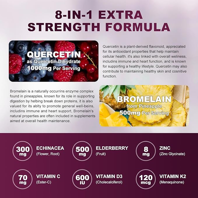 (2 Pack) Quercetin Gummies - Quercetin with Bromelain 2378mg - Blend with Elderberry Echinacea Purpurea Extract Zinc Vitamin CD3K2 Complex Supports Immune Cardiovascular &amp Respiratory Funct