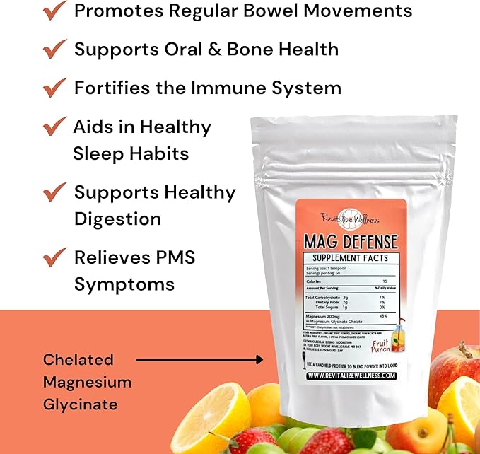 Mag Defense Powder | Orthomolecular Dose of Magnesium 200 mg as Magnesium Glycinate Chelate | Pure Corn Free &amp GMO-Free | Fruit Punch Flavor | 60 Servings