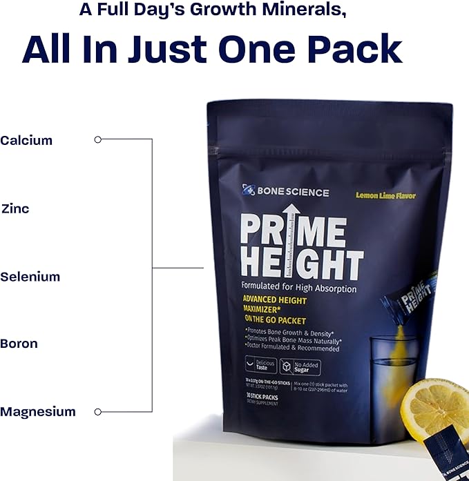BONE SCIENCE Prime Height Multivitamin Powder for Kids &amp Teens Bone &amp Immune Support Sugar-Free Lemon Lime Flavor 16 Key Nutrients Easy Drink Mix 30 Sticks
