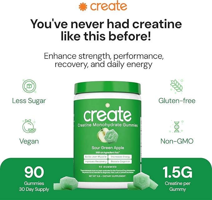 Create Creatine Monohydrate Gummies - Blue Apple Blast Duo - Blue Raspberry &amp Sour Apple - Creatine Gummies for Women &amp Men NSF Certified 3rd Party Tested Anti-Melting Formula 180 Count (2