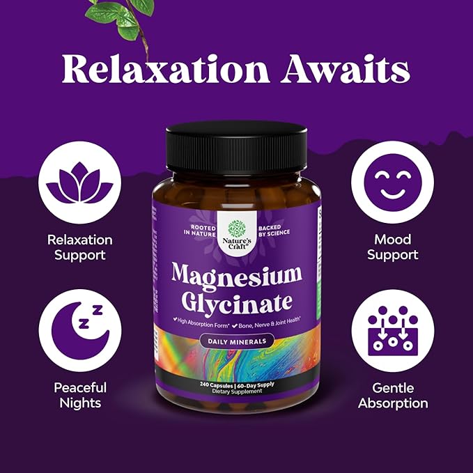 Bundle of High Absorption Magnesium Glycinate Capsules for Calming Sleep Plus Muscle Bone &amp Nerve Support and Extra Strength Mushroom Complex Capsules - 10X Lions Mane Mushroom Supplement