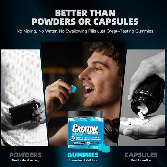 Creatine Monohydrate Gummies for Men &amp Women 9000MG Creatine Gummies for Muscle GrowthSugar Free - Blueberry Flavored with L-Taurine BCAA 2:1 B12 B6 for Boost Strength Vegan Non-GMO 120pcs