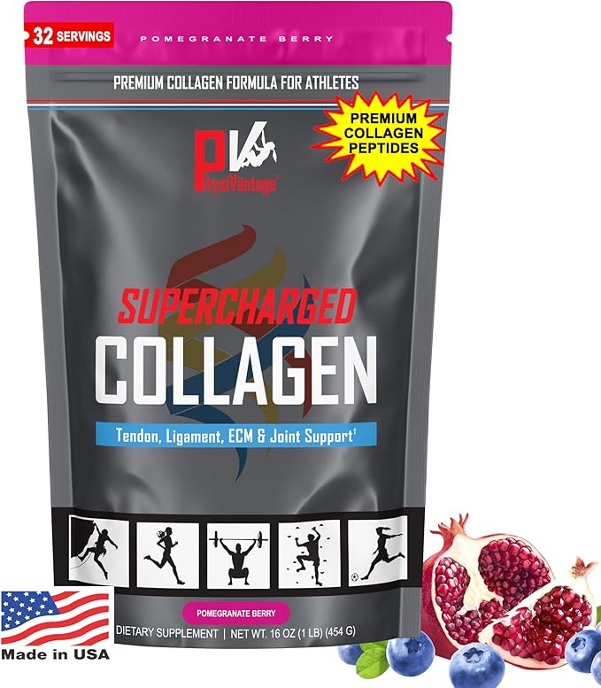 PhysiVantage Supercharged Collagen Peptides Powder - Hydrolyzed Collagen for Joint Tendon Ligament &amp Skin Health Support - Pomegranate Keto Paleo 16oz | Enhanced with Vitamin C BCAAs Grass