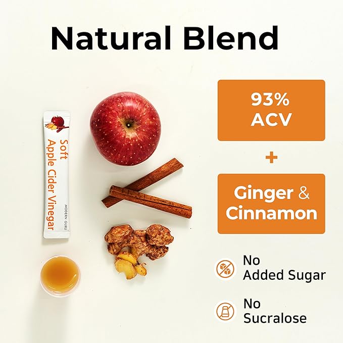 MODERN GURU Apple Cider Vinegar Packets with the Mother – ACV Drink Sticks | 93% ACV with Ginger &amp Cinnamon | Sugar-Free Supports Digestion &amp Detox Low-Calorie | Travel Size On-the-Go Packet