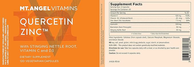 Mt. Angel Vitamins - Zinc Quercetin with Bromelain Supplement – Immune Support &amp Respiratory Health - Quercetin 500mg Capsules | Zinc 50mg | Vitamin C Capsules | Immune Booster for Adults - 120ct.