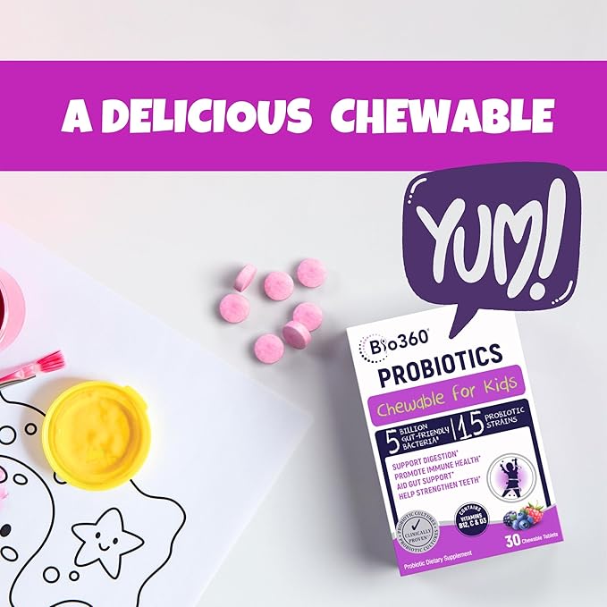 Bio360 Probiotics for Kids - 15 Strains &amp 5 Billion CFU Supports Brain Immune &amp Digestive Health - Kids Probiotic Chewable with Organic Prebiotics for Gut &amp Constipation Mixed Berry Flav