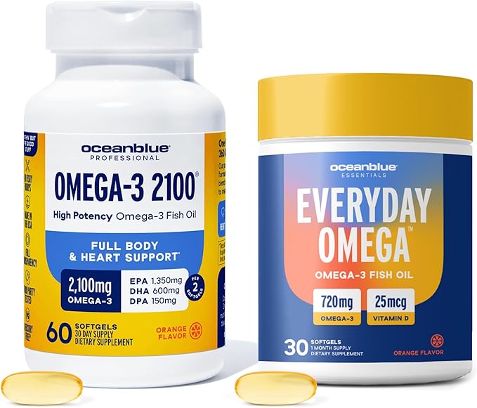 Oceanblue Omega-3 Bundle – 2100 Triple Strength 180ct + Essentials Everyday Omega Minis 60ct – High-Potency EPA DHA DPA with Vitamin D3 – Orange Flavor – Heart Brain &amp Immune Support - 2 Pack