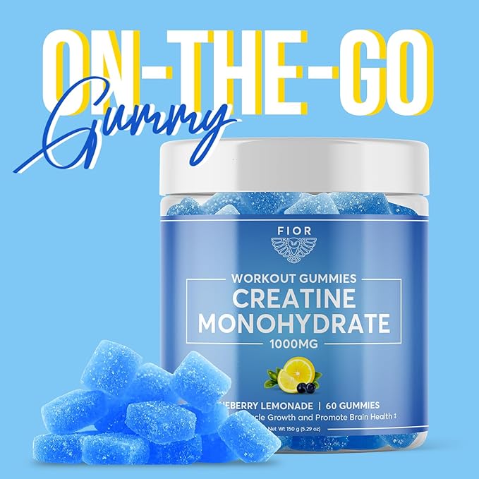 FIOR Creatine Gummy - Best Creatine Monohydrate Chewable 60 Count Workout &amp Protein Supplement Cognitive Enhancement Blueberry Lemonade Flavor 30 Servings