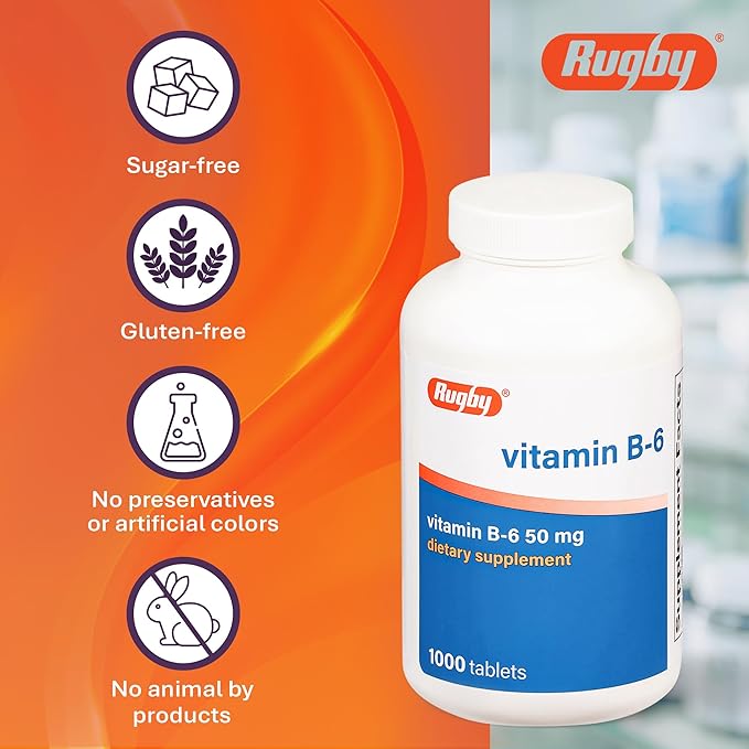 Rugby Vitamin B6 50 mg Tablets Gluten-Free Dietary Supplement for Adults No Preservatives or Additives - 1000 Count (1 Pack)