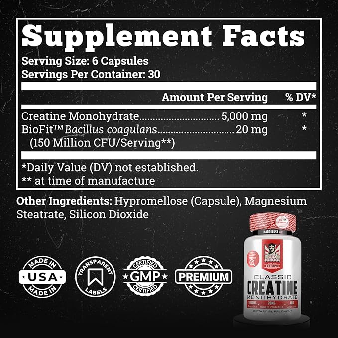 Old School Labs 5000mg Creatine Monohydrate Capsules With BioFit™ (Max Strength) Supports Muscle Growth &amp Recovery Performance Cognitive Health - Creatine Pills for Men &amp Women Made in USA