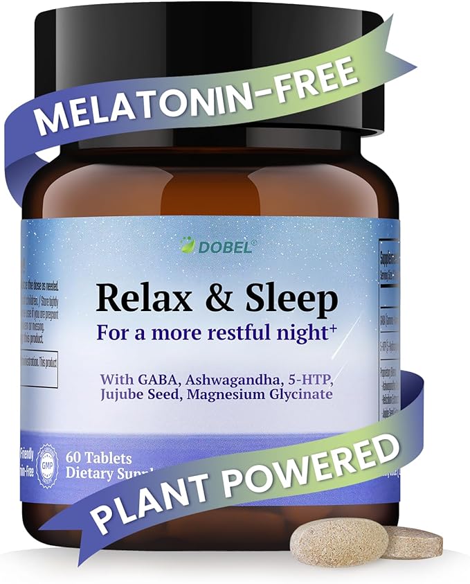 DOBEL Relax &amp Sleep - Melatonin Free Sleep Aid for Adults - Magnesium Glycinate Ashwagandha GABA &amp 5-HTP - Non-Habit Forming Support for Deep Sleep &amp Evening Calm - 60 Tablets