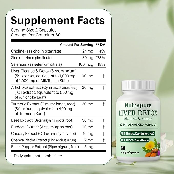 Nutrapure Liver Detox Capsules 20-in-1 Milk Thistle Liver Detox Supplement with Dandelion Root Turmeric Artichoke Leaf &amp More Non-GMO 60 Vegetarian Capsules (1)
