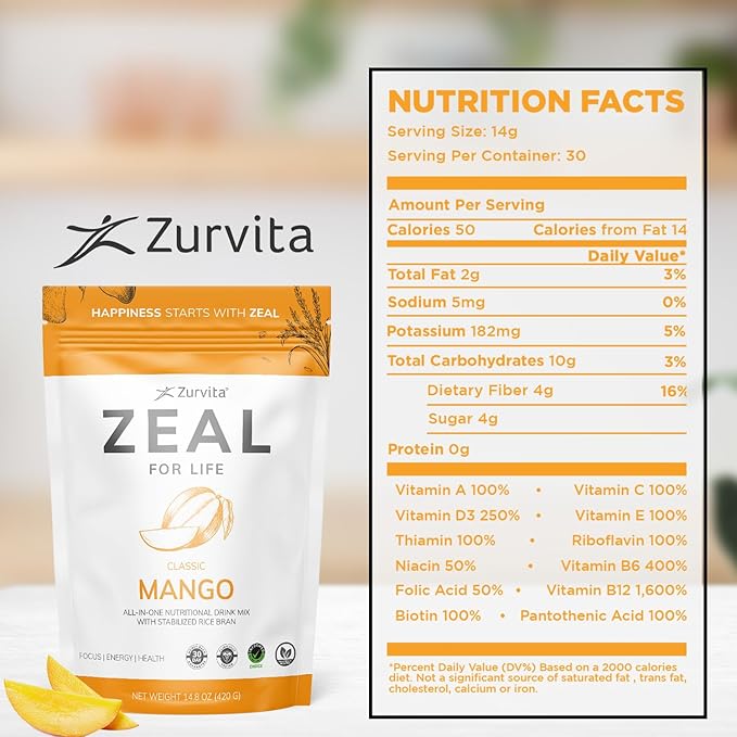 Zurvita Zeal for Life Wellness Drink Mix - Mango Flavor - Gluten-Free Vegan with Biotin Vitamins B12 C D E Iron Magnesium - 30 Servings (420g)