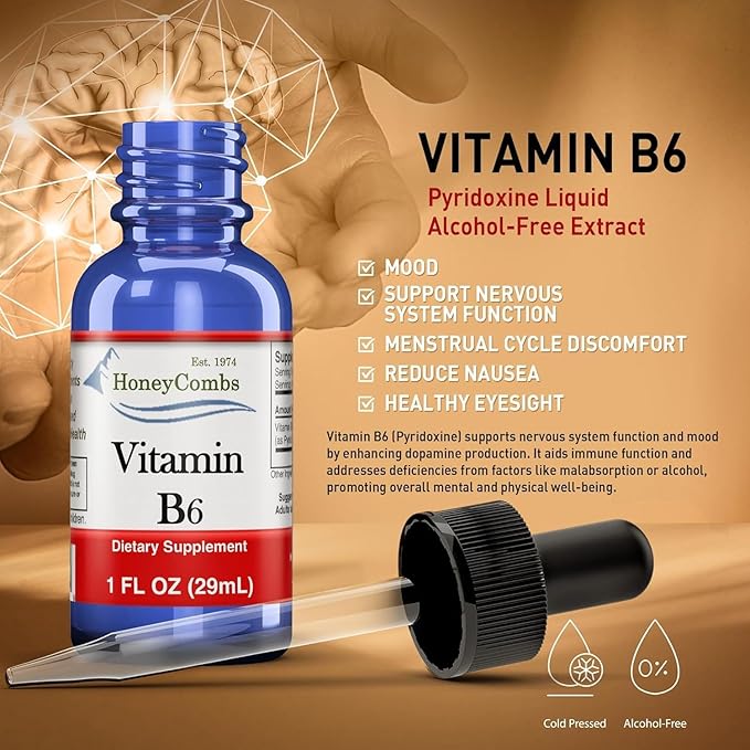 HoneyCombs Vitamin B6 Liquid Drops 500% DV Pyridoxine HCI B6 Supplement Alcohol Free Fast Absorbing B6 Vitamins for Energy Brain &amp Immune Support Made in the USA