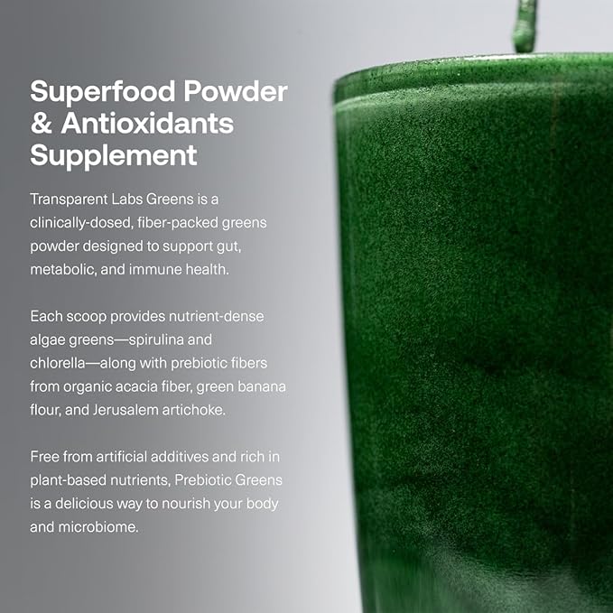 Transparent Labs Prebiotic Greens - Superfood Powder &amp Antioxidants Supplement with Organic Spirulina Chloerra Acacia &amp Green Banana Powder - 30 Servings Peach Mango