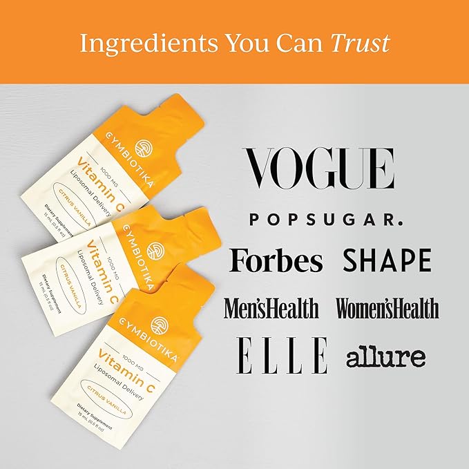 CYMBIOTIKA Vitamin C Individual Packets Liposomal Delivery Supplement for Immune Support Collagen Boost &amp Healthy Aging Skin Hydration Packets Citrus Vanilla Flavor 30 Count