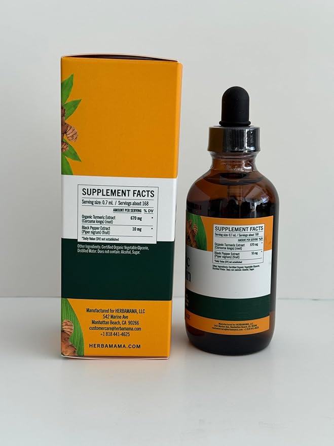 HERBAMAMA Turmeric Liquid Drops - Vegan Immune Digestive &amp Mobility Support with Turmeric Curcumin with Black Pepper Extract - Non-GMO Alcohol &amp Sugar-Free Antioxidant Supplement - 56-Day Su
