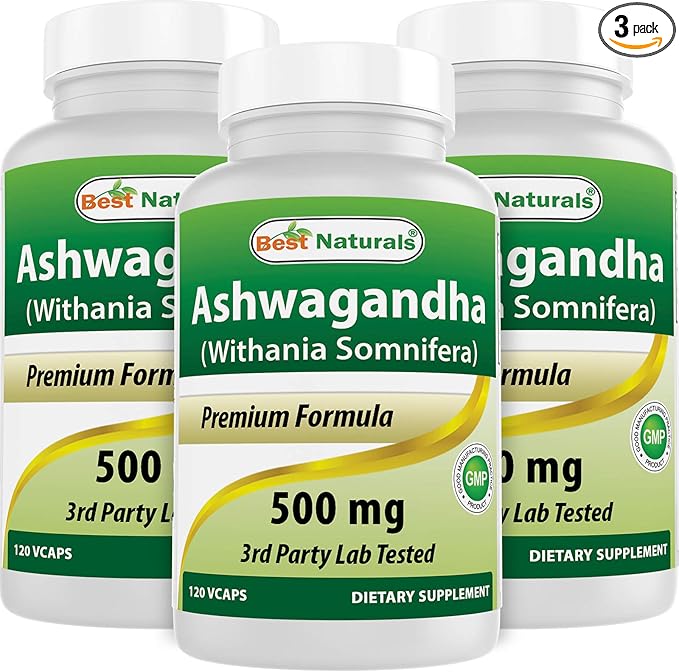 Best Naturals 3 Pack Ashwagandha Capsules for Relaxing Stress and Mood 500 mg 120 Count (Total 360 Capsules)