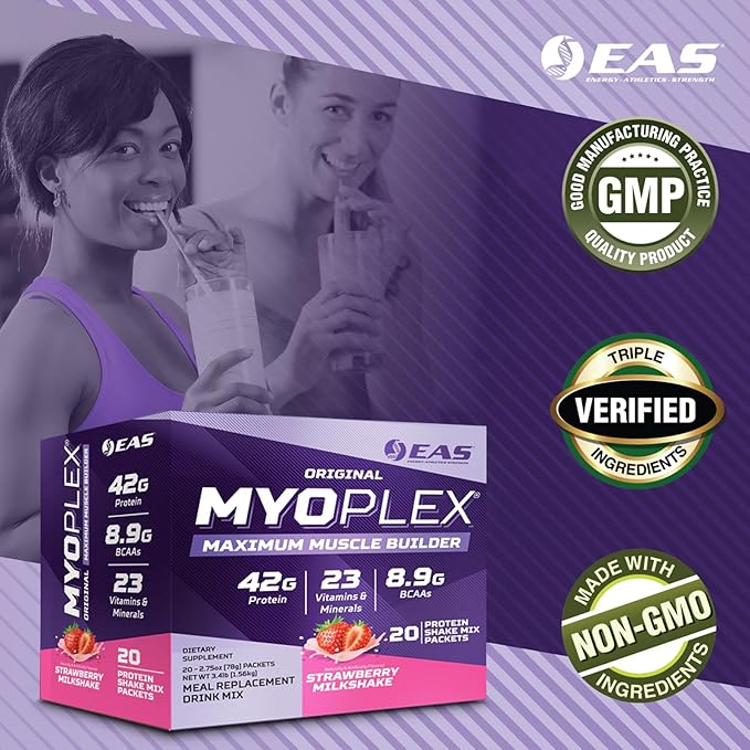 EAS Original Myoplex Maximum Muscle Builder | Meal Replacement Protein Drink Mix | Quality Protein Blend | 42g Protein | 20 Individual Packets (Strawberry Milkshake)