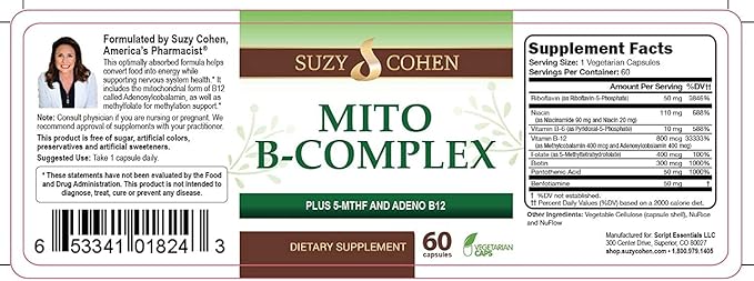 Script Essentials Suzy Cohen Mito B Complex Dietary Supplement 5-MTHF Adeno B12 Methylation Support Supports Healthy Nervous System Boost Energy Vitamin B 60 Servings