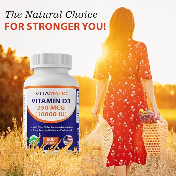 Vitamatic Vitamin D3 10000 IU (250 mcg) - 500 Softgels (Olive Oil Based) Non-GMO Gluten Free in Cold-Pressed Mini Softgels- 2 Pack