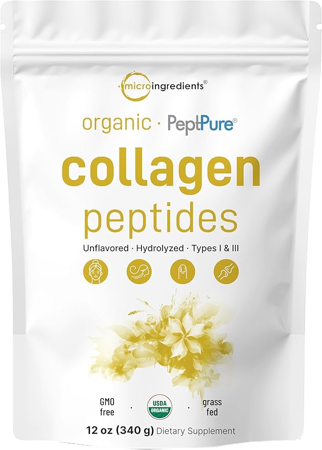 Micro Ingredients Collagen Peptides Powder Organic 12oz | Type I &amp III + Natural Protein | Grass-Fed Bovine Source | Unflavored | Supports Skin Joint &amp Bone Health | Paleo Non-GMO