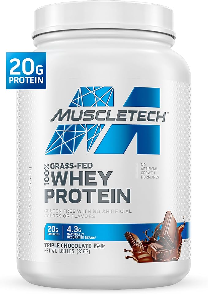 Muscletech Grass-Fed Whey Protein Powder (Triple Chocolate 1.8LB) - Whey Protein Smoothie &amp Milk Shake Mix Supports Muscle Gain &amp Recovery - 20g of Whey Protein for Women &amp Men - Non-GMO