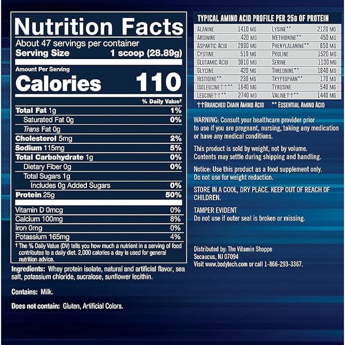 BodyTech Whey Protein Isolate Powder Vanilla Flavor 25g Protein per Serving High Concentrated Protein Powder with Amino Acids &amp BCAAs for Men and Women Gluten Free 3 lbs 47 Servings