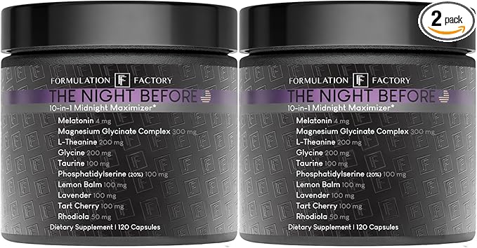 Formulation Factory 10-in1 Magnesium Glycinate Sleep Aid - The Night Before Recovery Complex with Melatonin &amp L-Theanine - Natural Relaxation Support (4 Month Supply 240 Capsules)