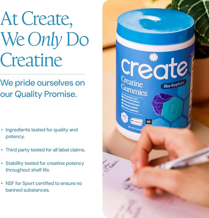 Create Creatine Monohydrate Gummies for Men &amp Women Boost Focus Strength and Endurance Anti-Melting Formula Vegan Gluten-Free Non-GMO 1.5g of Creatine per Gummy (Blue Raspberry)