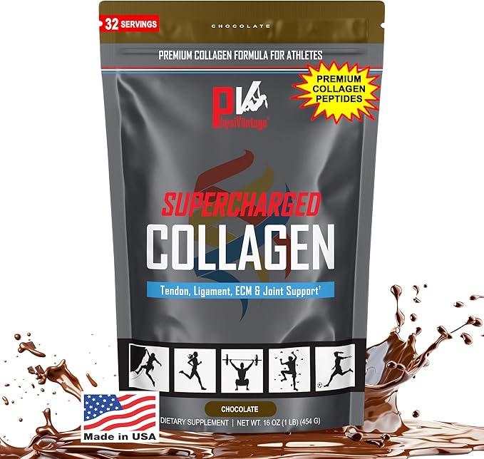 PhysiVantage Supercharged Collagen Peptides Powder - Hydrolyzed Collagen for Joint Tendon Ligament &amp Skin Health Support - Chocolate Keto Paleo 16oz | Enhanced with Vitamin C BCAAs Grass-F